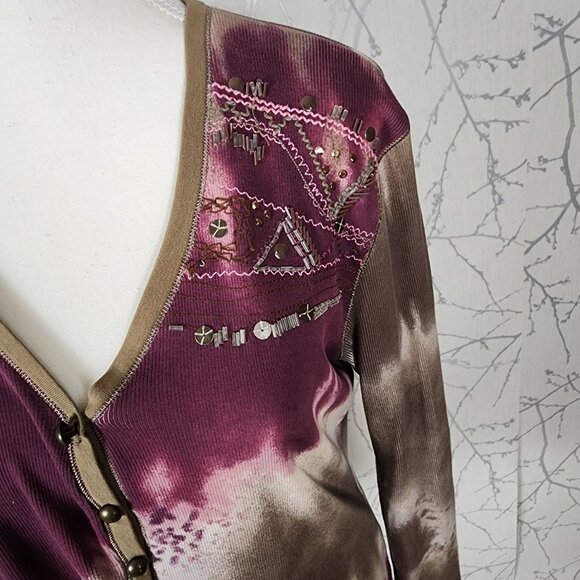 Marc Aurel Tie Dye Beaded Ribbed V-Neck Henley Top - Picture 3 of 6